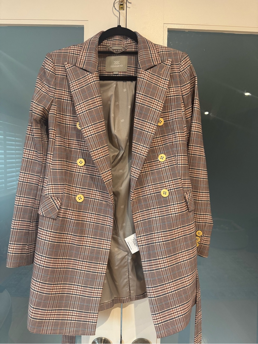 SOIA & KYO Double-Breasted Plaid Blazer in Brown and Cream